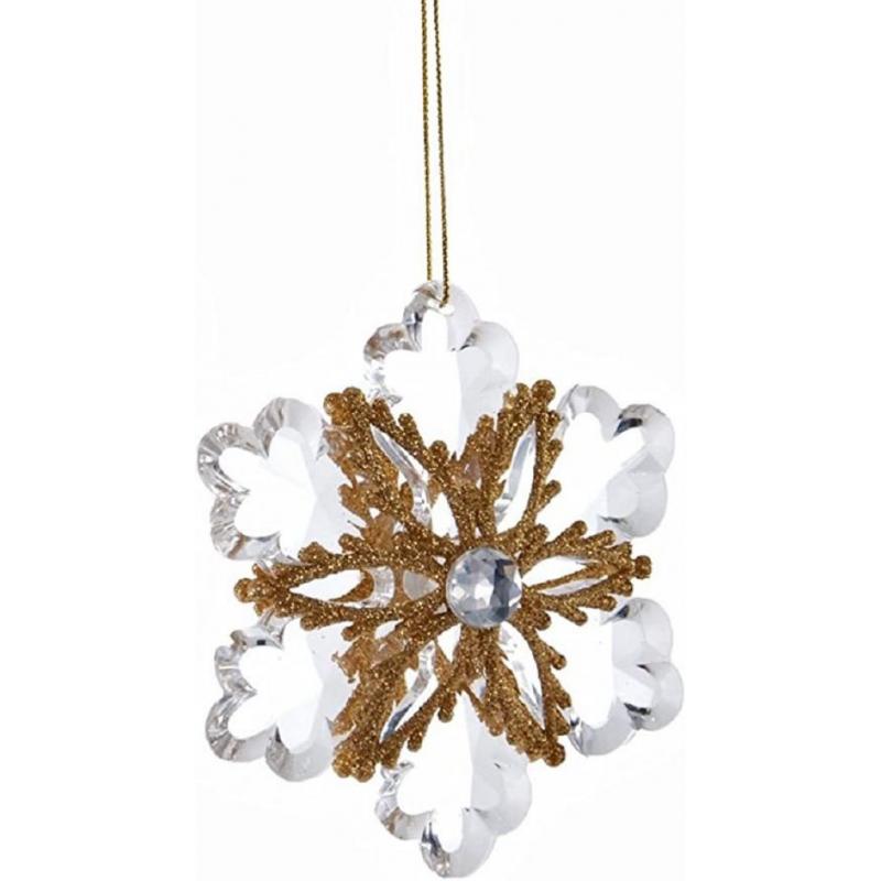 Christmas Crystal and Gold Glitter Snowflake Ornament Choice of Scallop Facets or Pointed Facets (gold Glitter With Crystal)