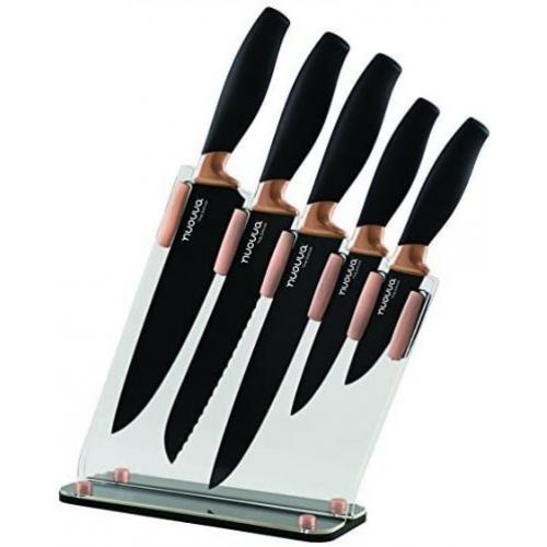 Nuovva 6 Piece Brooklyn Copper Knife Block Set With Hard Ceramic Coated Antibacterial Blade