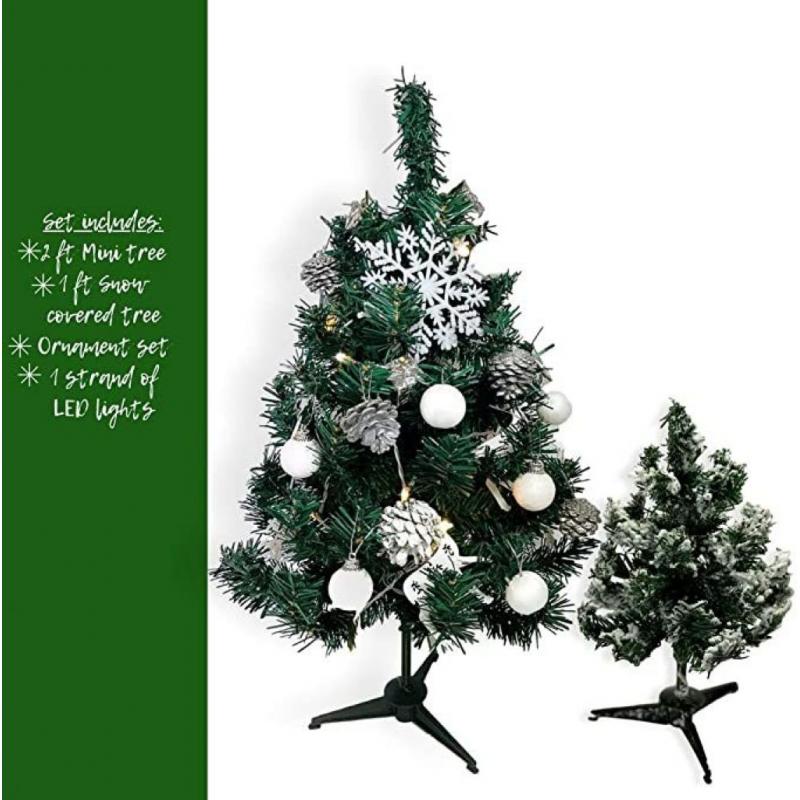 BANBERRY DESIGNS Small Christmas Tree - Tabletop Size Tree with Ornaments and Lights - Xmas Tree Set