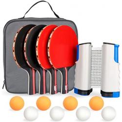Table Tennis Set, 4 Ping Pong Paddles with 8 Table Tennis Balls and Retractable Ping Pong Net