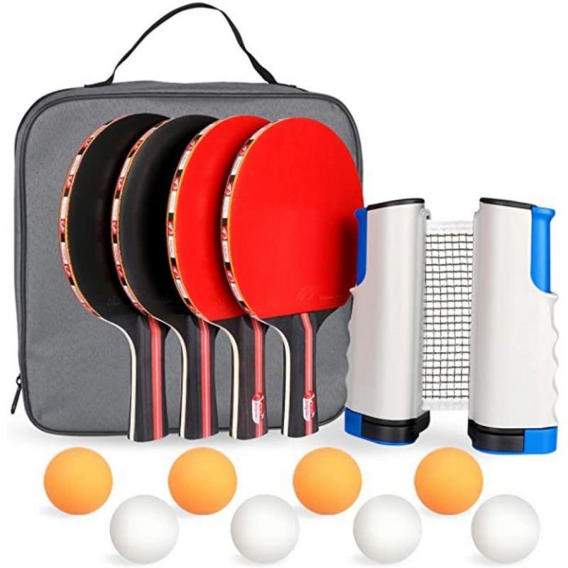 Table Tennis Set, 4 Ping Pong Paddles with 8 Table Tennis Balls and Retractable Ping Pong Net