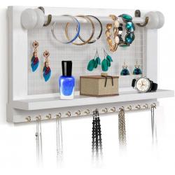 Viefin Wall Mounted Mesh Jewelry Organizer, Rustic Brown Wood Chic Earring Holder With Shelf, Hanging Hook For Necklace, Removable Rod For Bracelets