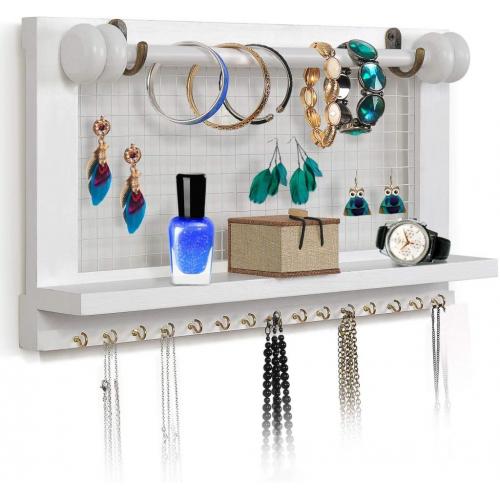 Viefin Wall Mounted Mesh Jewelry Organizer, Rustic Brown Wood Chic Earring Holder With Shelf, Hanging Hook For Necklace, Removable Rod For Bracelets