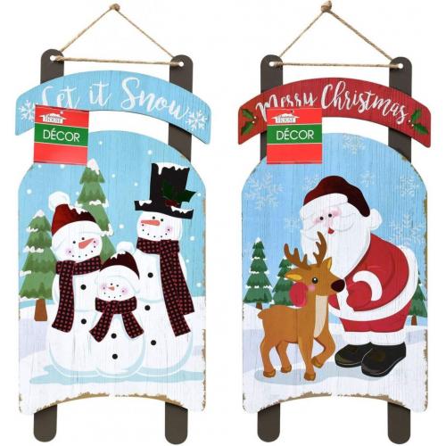 Christmas Santa and Snowman Holiday Sled Decorative Signs