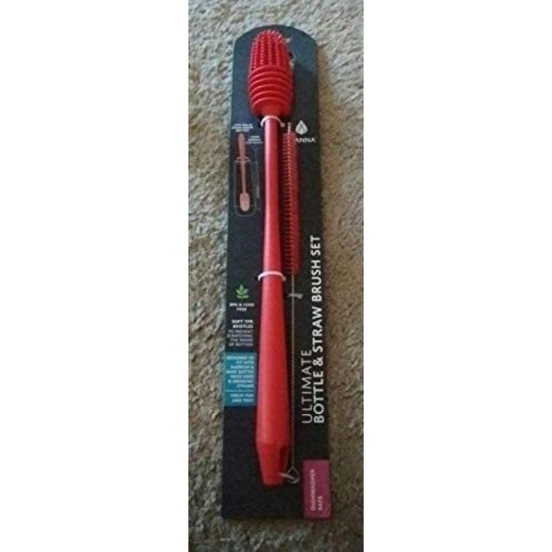 Ultimate Bottle & Straw Brush Set in Red - Long Handle Bottle Brush Designed to Fit and Clean Narrow and Wide Neck Bottles.