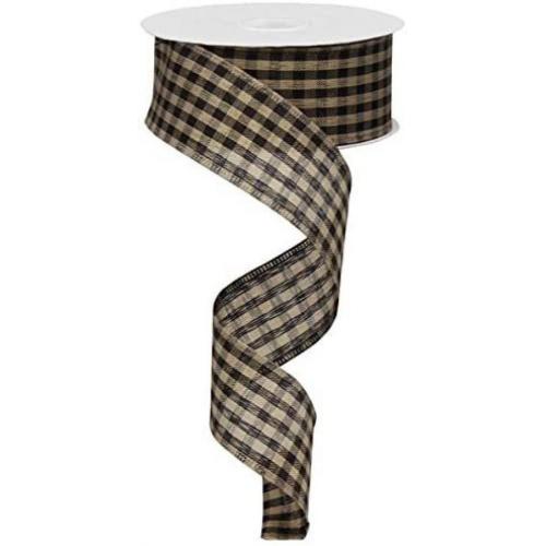 Natural Faux Jute Print Black Plaid Wired Ribbon