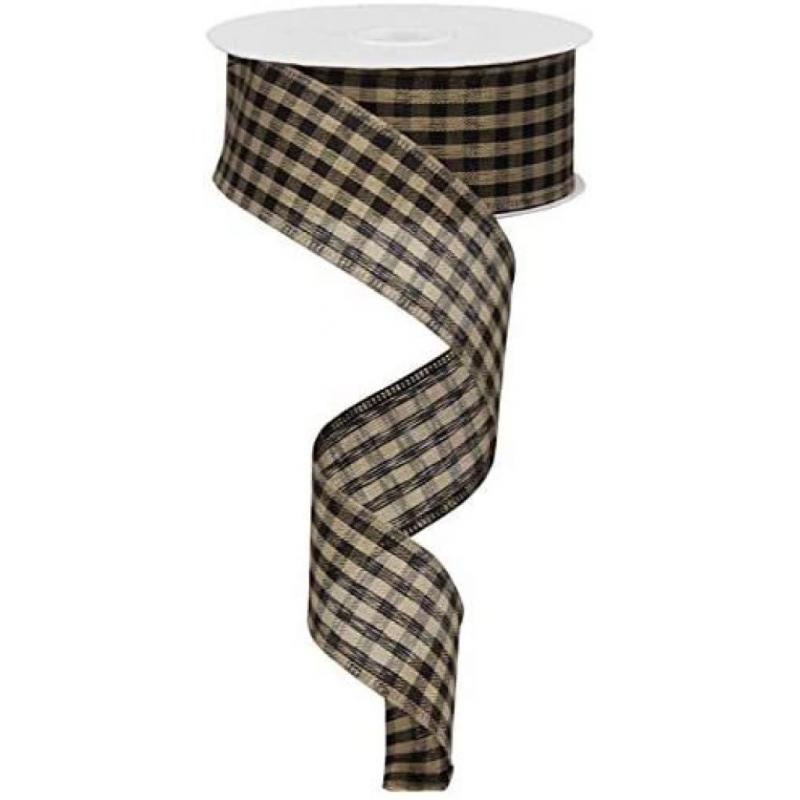 Natural Faux Jute Print Black Plaid Wired Ribbon