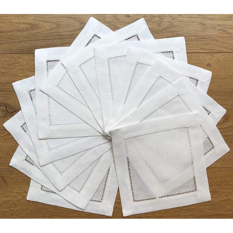 White Linen Ladder Hem Cocktail Napkins (quantity 12